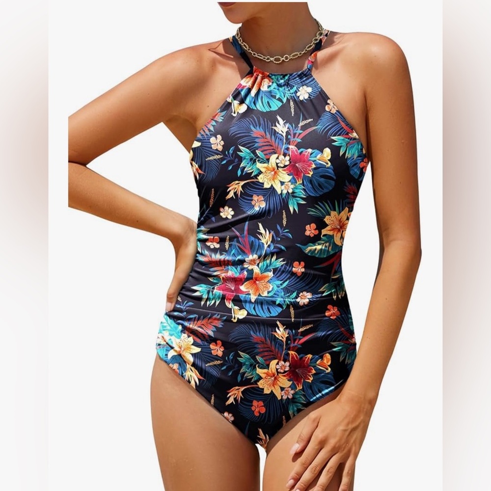 Floral Halter Neck One Piece Swimsuit